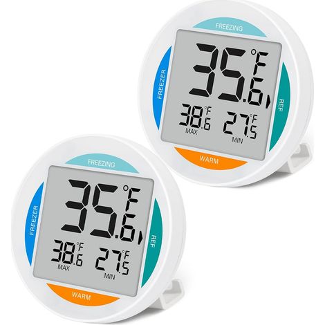 Juego de 2 termómetros digitales pequeños para refrigerador y congelador, resistentes al agua con pantalla LCD grande y registro de temperatura máxima/mínima. (1/5)