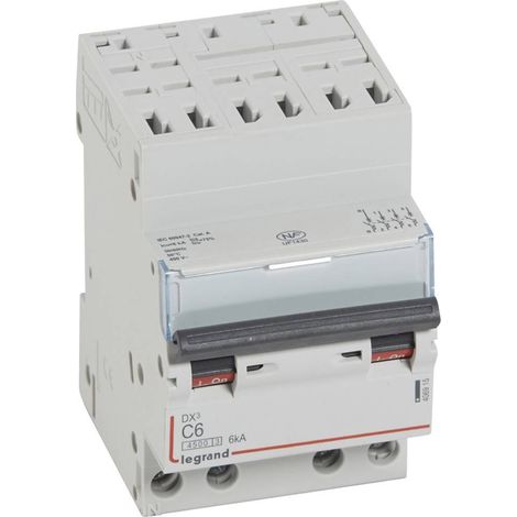 Disjoncteur DX³4500 6kA arrivée haute borne auto sortie basse à vis tétrapolaire 400V 6A courbe C 3 modules LEGRAND 406915 (1/2)