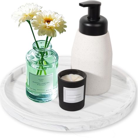 Plateau de Salle de Bain Plateau Marbre, Plastique Cosmétique Assiette Décorative, Marbre Modèle Blanc, Facile à Nettoyer, pour Parfum, Savon, Salle de Bain, Décoration D'intérieur (1/5)