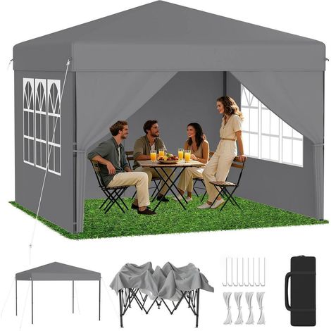 Tonnelle pliante 2,5x2,5m Gris Argent avec 4 parois latérales, montage 1 clic (1/5)