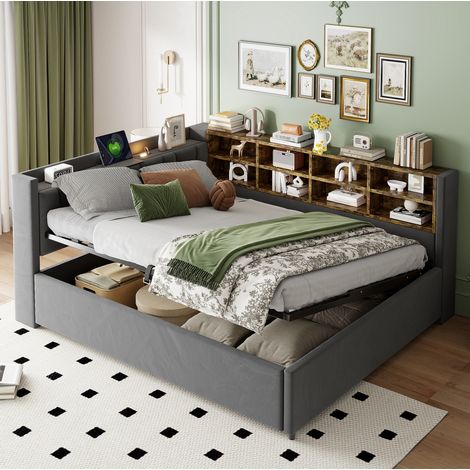 Lit 140x200 cm en velours gris foncé, rangement hydraulique, gain de place, sans matelas – MEUBLIV (1/5)