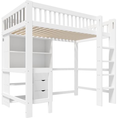 Letto a soppalco 90x200 cm con scrivania, 3 cassetti, scala e vani contenitore, bianco (1/5)