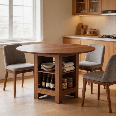 Tavolo da Pranzo Rotondo con Vani Aperti, Piano Effetto Noce, per Cucina e Sala da Pranzo, 100×76 cm (1/5)