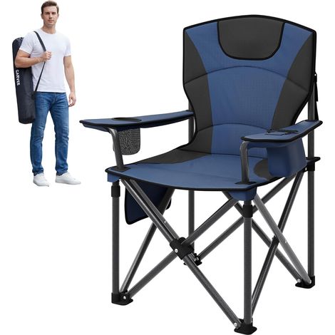 Chaise De Camping XXL 200 kg, Assise 64 cm, Dossier Rembourré, Accoudoirs Réglables, Porte-gobelet, Sac De Transport Inclus, Bleu (1/5)