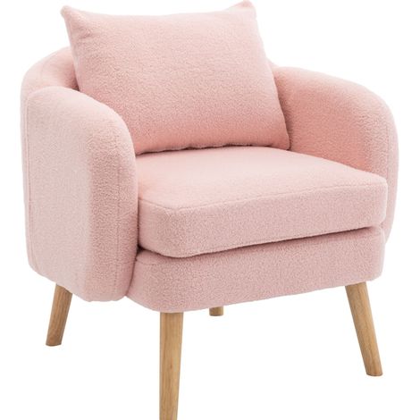 Sillón individual de tela teddy rosa con cojín lumbar y asiento acolchado de 14 cm, patas de madera y diseño cómodo para salón, dormitorio u oficina CHICFURN (1/5)