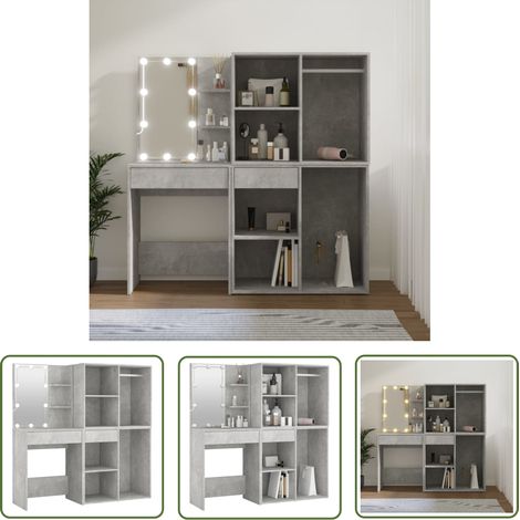 The Living Store Coiffeuse à LED avec 2 armoires Gris béton Bois d'ingénierie - Coiffeuse Led - Meuble Rangement - Table Maquillage - Vanity - Éclairage Led (1/5)