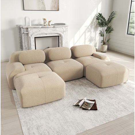 Canapé modulable en U en tissu effet corde beige, sans montage, avec larges accoudoirs (1/5)