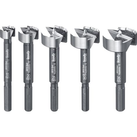 kwb Speed Forstnerbohrer-Set 15 20 25 30 und 35 mm, schnelles Bohren in allen Hölzern, Bohrer-Satz zur Holzbearbeitung, DIN 7483 G, mit 8 mm Schaft, insb. für Akku-Schrauber und Akku-Bohrschrauber (1/5)