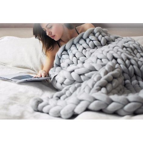 Grande couverture épaisse en grosse maille, jeté de canapé en laine - 100 x 150 cm - Gris clair (1/5)