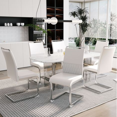 Lot de 6 chaises de salle à manger à dossier haut, PU et lin, blanches HAVRYA (1/5)