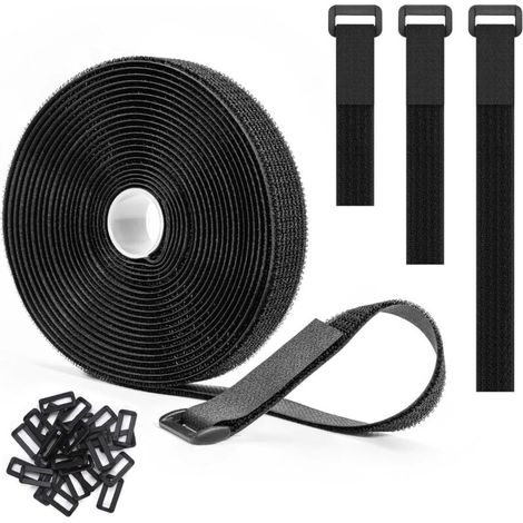 Adjustable Cable Straps 5m x 2.5cm with 25 Loops, Reusable Black Cable Ties, Hook and Loop Fastener Strap, Black