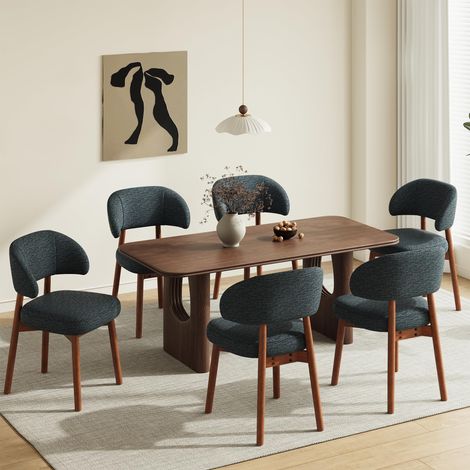Chaises de Salle à Manger en Bois, Lot de 6, Chaise de Salle à Manger Moderne Rembourrée, Chaises Latérales de Cuisine en Tissu avec Dossier Ouvert Incurvé pour Salon/Restaurant/Café, Bleu (1/5)