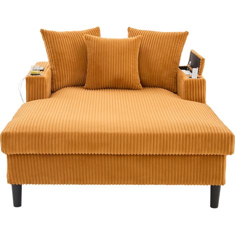 Chaiselongue de cordón mostaza con almacenamiento, USB, portavasos y LED (1/5)
