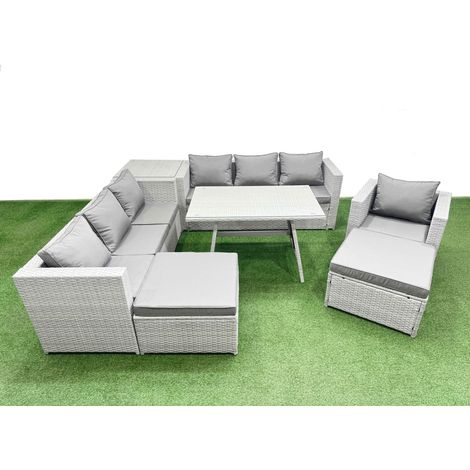 Fimous Outdoor Rattan Garden Furniture Dining Set 9-seater Patio Rectangular Table 3 Seater Sofa Armchair Set with Side Table 2 Big Stools (1/4)