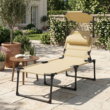Outsunny Bain de Soleil Chaise Longue Pliante - Pare-Soleil & Appuie-Tête Inclinables, Tissu Oxford, 70x200x45cm, Crème