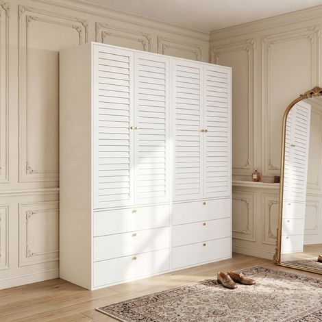Armadio a 4 ante, eleganti ante a persiana, bianco, 180 x 50 x 200 cm, armadio con ante a battente, con 2 aste appendiabiti, con 6 cassetti, armadio moderno, adatto per camera da letto, cameretta dei (1/5)