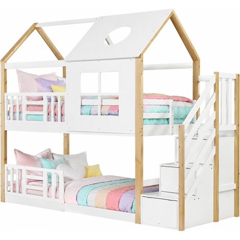 Lit superposé avec escalier de rangement, cabane pour enfant, barrières de sécurité, fenêtres et toit, 90x200 cm en bois et MDF blanc naturel  CHICFURN (1/5)