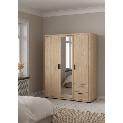 Armoire de chambre - MIRA - Chêne - 3 portes dont 1 avec miroir - 2 tiroirs - 153,6 x 59,8 x 200,9 cm (1/5)