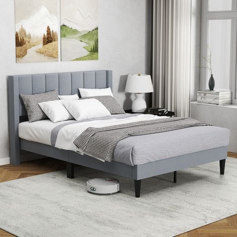 Cadre de Lit Double Sommier Tissu Velouté avec Tête de Lit Lattes en Bois Patins Réglables Pas de Sommier Nécessaire Charge 250kg Gris (1/3)