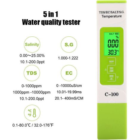 Testeur de qualité d'eau de mer numérique 5 en 1 Portable SG/salinité/température/TDS/EC pour piscines, Aquariums et Eau salée (1/4)