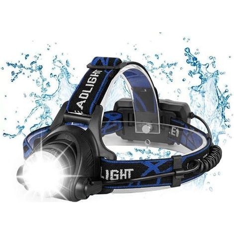 Lampe frontale, lampe de poche LED rechargeable, lampe frontale 10 000 lm avec 3 modes d'éclairage avec câble USB 2 piles 18650 avec voyant lumineux pour camping/pêche/escalade (1/5)