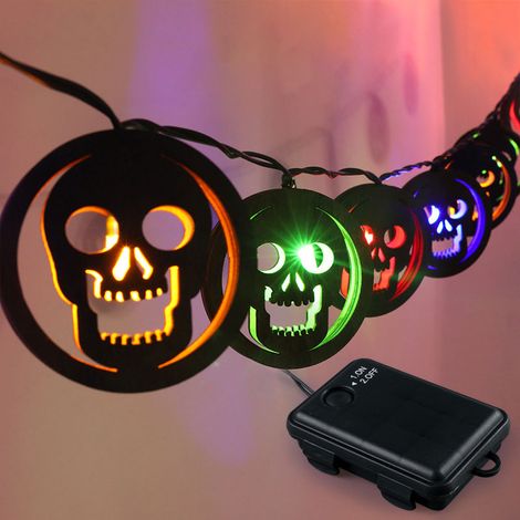 Guirlande lumineuse en bois pour Halloween, décoration de fête, ambiance bistrot, intérieur (tête de mort colorée) (1/5)