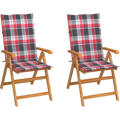 Sedie Giardino 2 pz con Cuscino Rosso a Quadri Massello di Teak vidaXL (1/5)