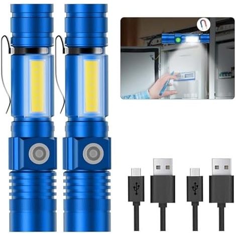 Wiederaufladbare LED-Taschenlampe mit Magnetfuß, COB-Seitenlicht, 1200 Lumen, wasserdicht, zoombar, 4 Leuchtmodi, blau, geeignet für Camping und Notfälle (1/4)