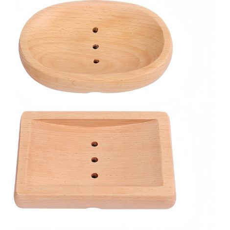 Lot de 2 porte-savons en bois de hêtre pour la lessive et la salle de bain, un ovale et un carré, dimensions 14 x 10 x 2 cm, couleur comme sur l'image (1/5)