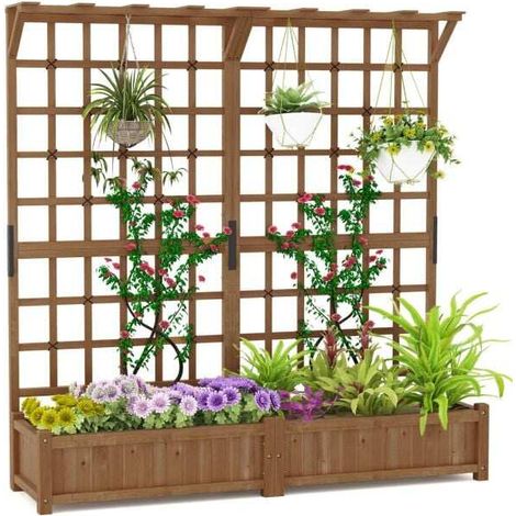 Grand lit de jardin surélevé 183 cm avec treillis et toit suspendu - café (1/5)