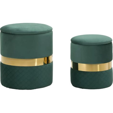 Set 2 Pouf Contenitori in Tessuto Verde Oro Salvaspazio Salotto Camera