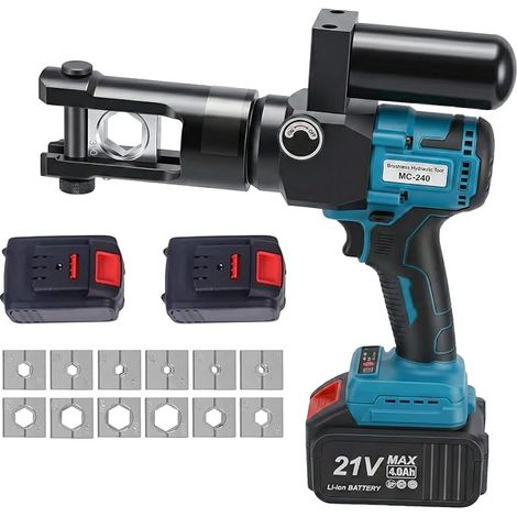 Pince à sertir hydraulique 80 kN rechargeable avec 12 matrices et coffret pour tête en cuivre de 10 à 300 mm², 2 batteries au lithium 21 V 4000 mAh (1/5)