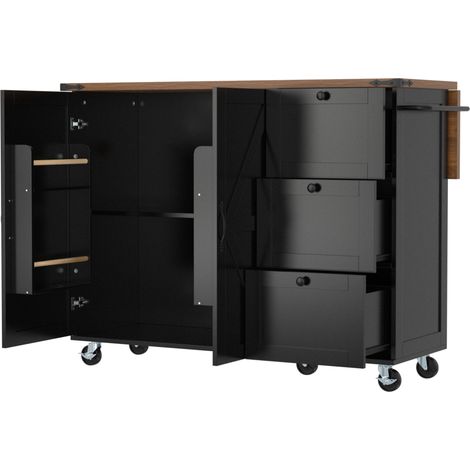 Îlot de cuisine mobile avec plateau extensible, rangement 2 portes et 3 tiroirs, roues avec frein, noir et bois (1/5)