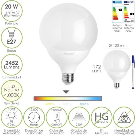 bombilla led globo e27. 20 watt. equivale a 150 watt. 2452 lumenes. luz neutra 4000º k.