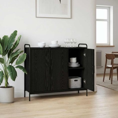 Buffet Chêne Noir 97 x 33 x 81 cm En Bois D'ingénierie, Cadre En Acier (1/4)