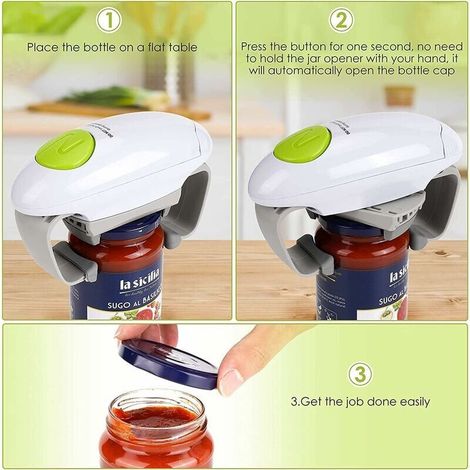 Abridor de frascos eléctrico: un utensilio de cocina resistente y robusto para frascos sellados. Abre frascos automático sin usar las manos y con menos esfuerzo (blanco). (1/3)