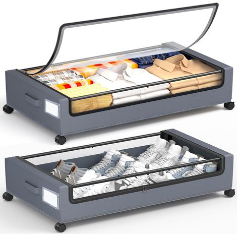 Rollbarer Unterbett-Stauraum, 2er-Set quadratische Boxen, 60 l, rollbare Metallschublade für Kleidung, Decken, Schuhe (1/5)