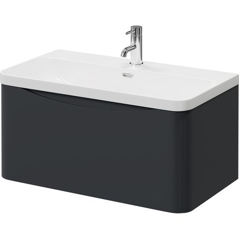 Vela Satin Anthracite 800mm Wall Mounted Single Drawer Vanity Unit with Fina Basin
