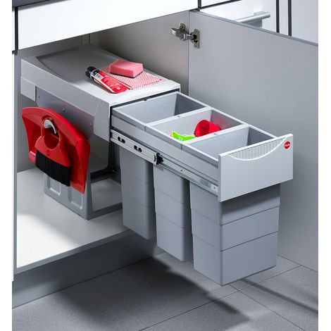 Poubelle de cuisine tri sélectif 3 bacs encastrable 30L (10+10+10) Hailo Terzett + Kit balayette (1/4)