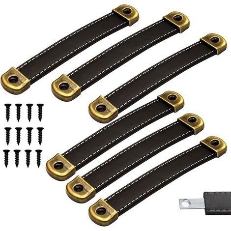 6 Pieces Leather Handle, Leather Drawer Handles, Leather Furniture Handles, Black Kitchen Cabinet Handle Furniture Door Handle Center Distance 128mm (1/5)