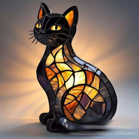 Lampe Chat - En Résine Artisanale Avec Effet Vitrail - Éclairage LED Doux Et Sans Flicker - Alimentation USB - Pour Bureau Chambre Salon - 1 Pièce (1/5)