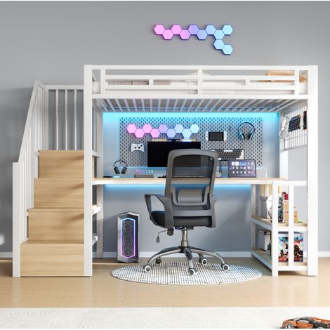 Cama alta infantil 90 x 200 cm de metal y MDF blanca con escritorio, estantes y LED (1/5)