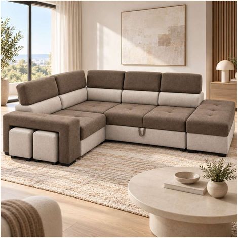 Divano Letto Angolare con Contenitore e 2 Pouf in Tessuto Marrone Beige - Antonello Domo Mea (1/4)