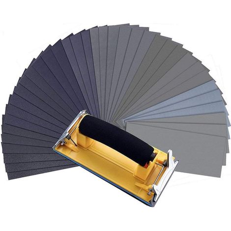Lot de 36 Papiers Abrasifs avec Ponceuse à Main - Humide/Sec - Pour Polissage du Métal, du Bois, de l'Automobile, etc. (1/5)