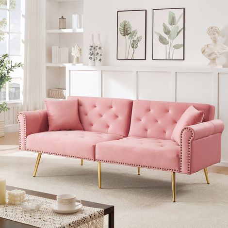Canapé convertible 2 places gain de place rose velours 147 cm OKMYHOME (1/5)