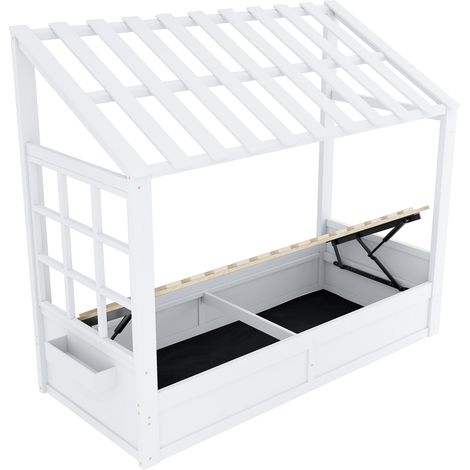 Kinderhausbett 90 x 200 cm mit Dach, Fenster und hydraulischem Stauraum, Weiß (1/5)
