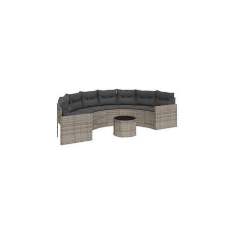 Canapé de jardin table coussins demi-rond gris résine tressée (1/5)