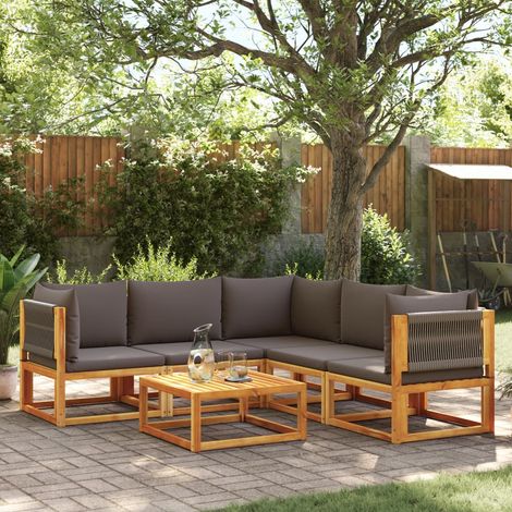 Salon de jardin 6 pièces en bois d'acacia massif et corde tressée avec coussins gris, 68.8kg - PANGIVO (1/5)
