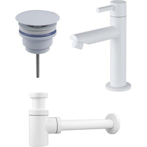 Fortifura Calvi Ensemble robinet de lave-mains - robinet de lave-mains sur pied bas - bonde always open - siphon design - blanc mat (1/4)