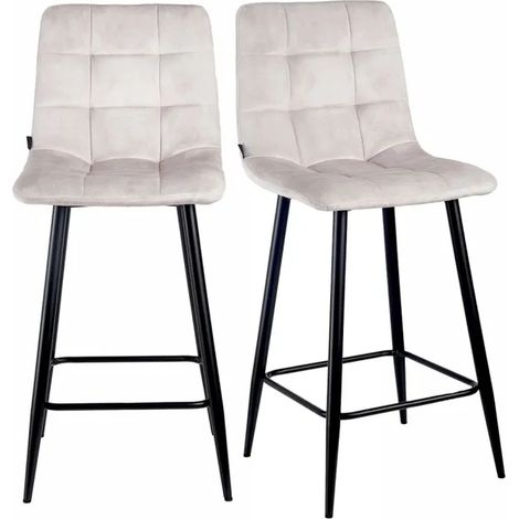 Lot 2 tabourets de bar en velours écru pieds métal noir – NAMI 2 (1/5)